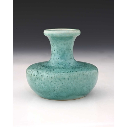 770 - Ruskin Pottery, a High Fired vase, 1908, squat bulbous form with flared neck, turquoise with green o... 