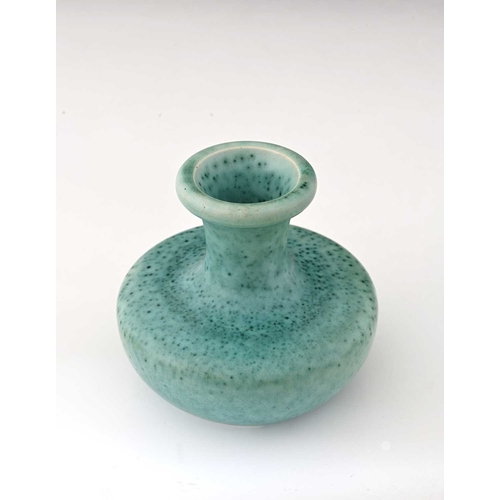 770 - Ruskin Pottery, a High Fired vase, 1908, squat bulbous form with flared neck, turquoise with green o... 