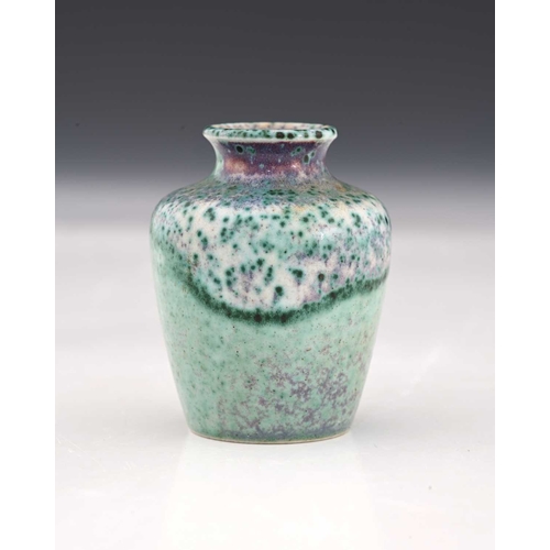 771 - Ruskin Pottery, a small High Fired vase, circa 1905, shouldered form, green over lavender flambe wit... 