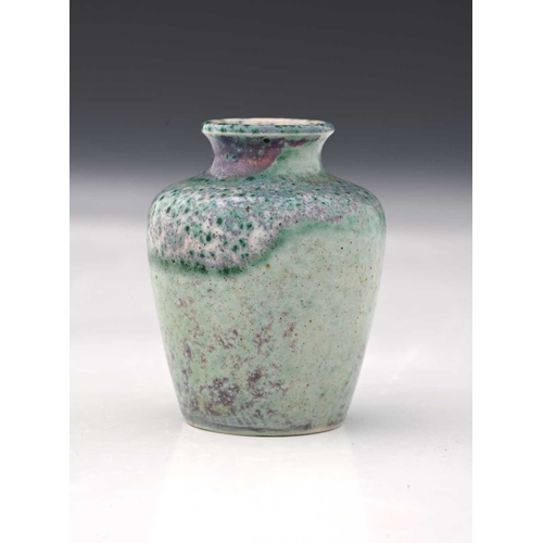 771 - Ruskin Pottery, a small High Fired vase, circa 1905, shouldered form, green over lavender flambe wit... 