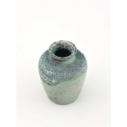 771 - Ruskin Pottery, a small High Fired vase, circa 1905, shouldered form, green over lavender flambe wit... 