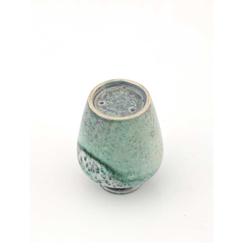 771 - Ruskin Pottery, a small High Fired vase, circa 1905, shouldered form, green over lavender flambe wit... 