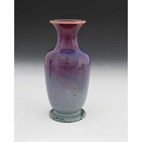 773 - Ruskin Pottery, a High Fired vase, 1906, footed and shouldered form, turquoise hares fur over purple... 