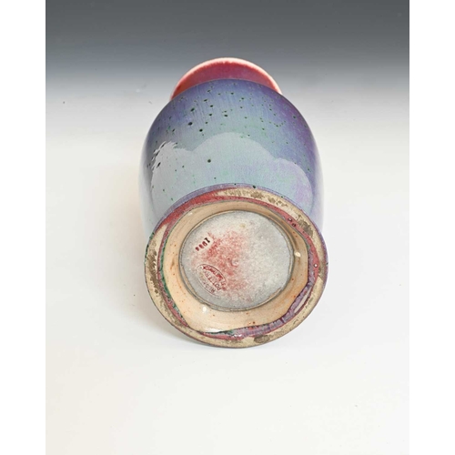 773 - Ruskin Pottery, a High Fired vase, 1906, footed and shouldered form, turquoise hares fur over purple... 