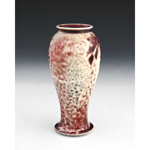 774 - Ruskin Pottery, a High Fired vase, 1924, inverse baluster form, fissured sang de boeuf over dove gre... 