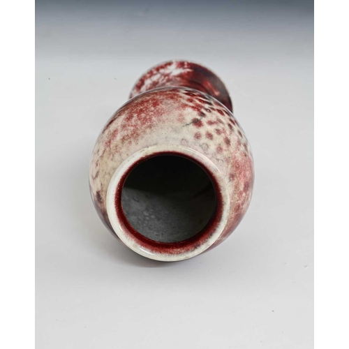 774 - Ruskin Pottery, a High Fired vase, 1924, inverse baluster form, fissured sang de boeuf over dove gre... 