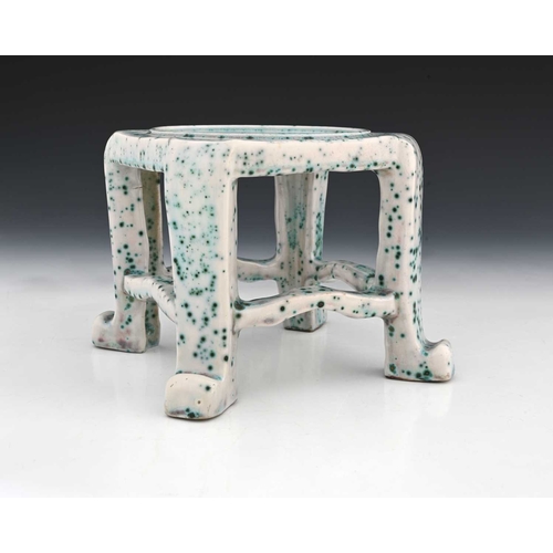 776 - Ruskin Pottery, a High Fired stand, circa 1920s, in the Chinese style, square section bracketed cabr... 