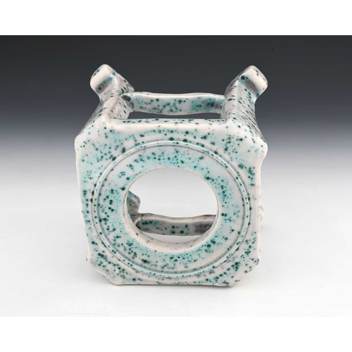 776 - Ruskin Pottery, a High Fired stand, circa 1920s, in the Chinese style, square section bracketed cabr... 