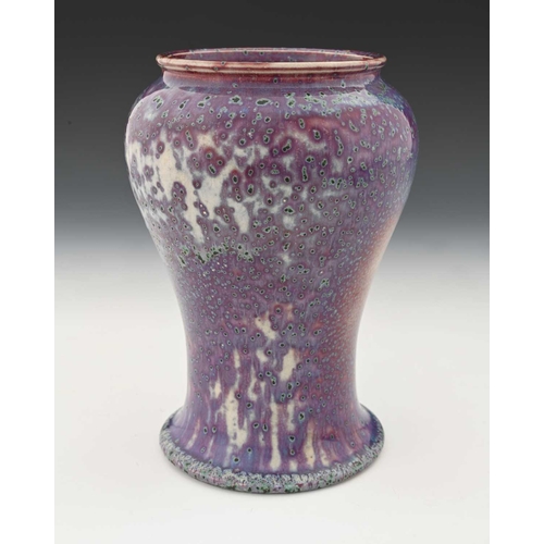 777 - Ruskin Pottery, a High Fired vase, 1905, inverse baluster form, marbled lavender flambe over grey an... 