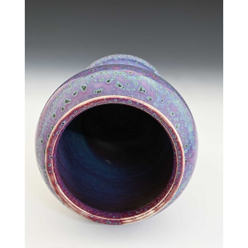 777 - Ruskin Pottery, a High Fired vase, 1905, inverse baluster form, marbled lavender flambe over grey an... 