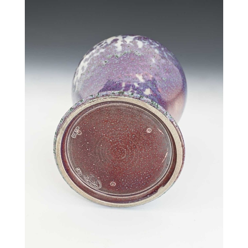 777 - Ruskin Pottery, a High Fired vase, 1905, inverse baluster form, marbled lavender flambe over grey an... 