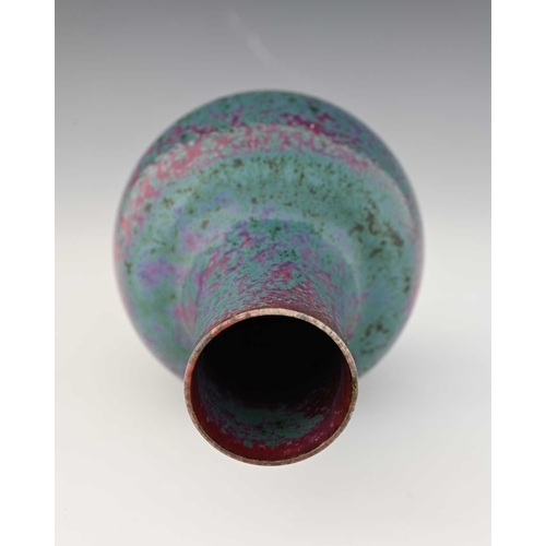 778 - Ruskin Pottery, a High Fired vase, 1922, bulbous form, mottled green and purple oxide over sang de b... 