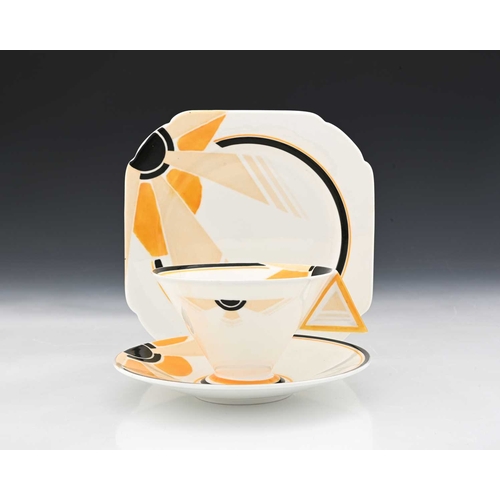 784 - Eric Slater for Shelley, an Art Deco Vogue shape Sunray tea trio, model 11742, including conical cup... 