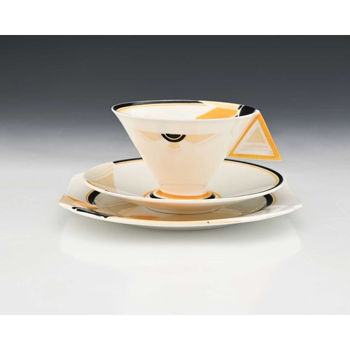 784 - Eric Slater for Shelley, an Art Deco Vogue shape Sunray tea trio, model 11742, including conical cup... 