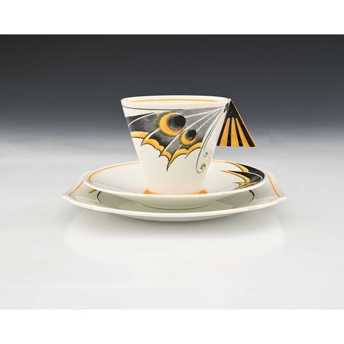 785 - Eric Slater for Shelley, an Art Deco Mode shape Butterfly tea trio, model 11742, including conical c... 