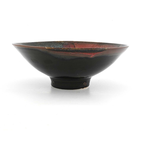 792 - Margaret Frith (British, 1943), a porcelain bowl with various poured glazes and a floral brushed mot... 