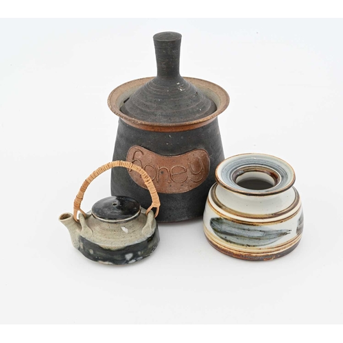 794 - Mary Rich (British, 1940-2022), a stoneware fired lidded honey jar, a small vase, and a miniature te... 