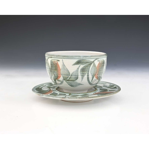 797 - Lawrence McGowan (British, 1942), a stoneware bowl and saucer, decorated with on-glaze robin and flo... 