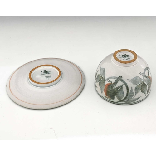 797 - Lawrence McGowan (British, 1942), a stoneware bowl and saucer, decorated with on-glaze robin and flo... 