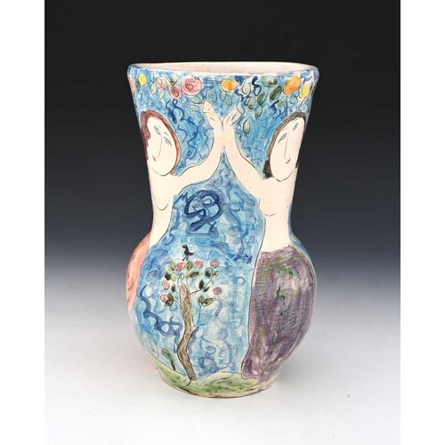 803 - Dora Holzhandler, a studio pottery vase, 1985, wide necked bulbous form, painted and sgraffito decor... 