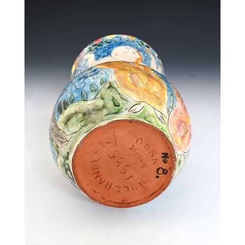 803 - Dora Holzhandler, a studio pottery vase, 1985, wide necked bulbous form, painted and sgraffito decor... 