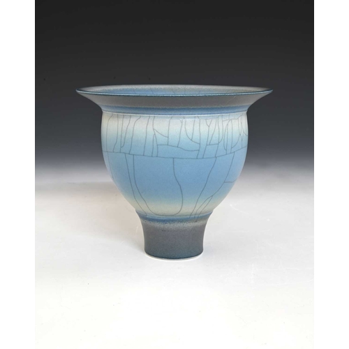 805 - David White (British, 1934-2011), a deep porcelain bowl with a wide rim, decorated with a blue and s... 