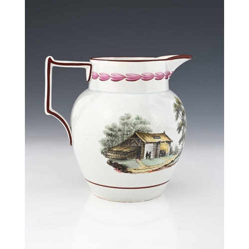 825 - An English pearlware jug, circa 1813, shouldered helmet form, painted with watermill and farm buildi... 