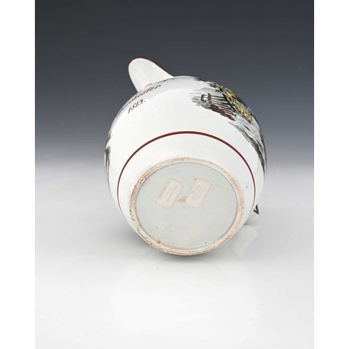 825 - An English pearlware jug, circa 1813, shouldered helmet form, painted with watermill and farm buildi... 