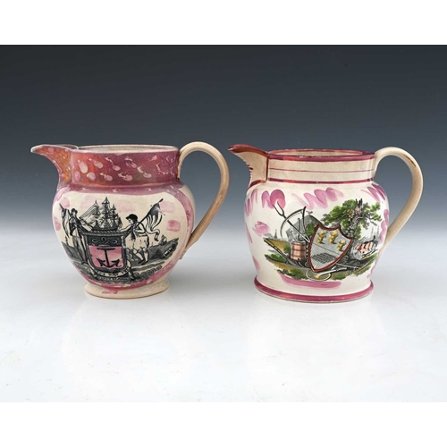 826 - Two Sunderland lustre jugs, circa 1810, shouldered helmet form, one transfer printed with Mariners A... 