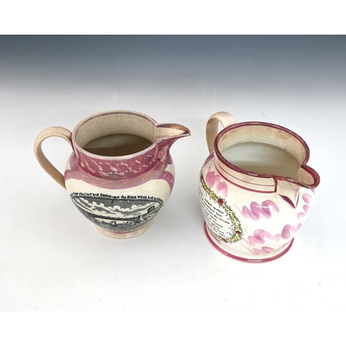 826 - Two Sunderland lustre jugs, circa 1810, shouldered helmet form, one transfer printed with Mariners A... 