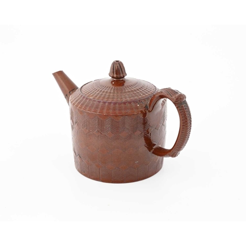 851 - A Staffordshire Redware teapot, circa 1760, pseudo Chinese seal mark, cylindrical drum form tooled w... 