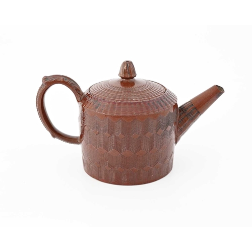 851 - A Staffordshire Redware teapot, circa 1760, pseudo Chinese seal mark, cylindrical drum form tooled w... 