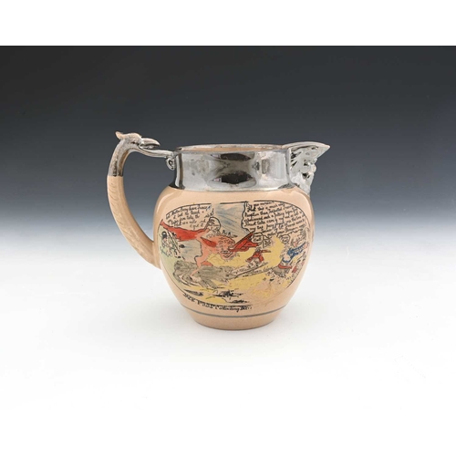 852 - Napoleon interest, a printed and coloured lustre jug, circa 1800, each side with a cartoon titled Bo... 