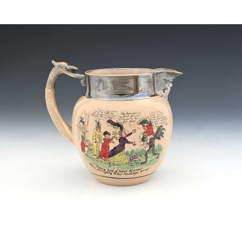 853 - Napoleonic interest, a printed and coloured lustre mask jug, circa 1800, each side with a cartoon ti... 