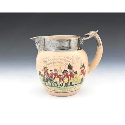 853 - Napoleonic interest, a printed and coloured lustre mask jug, circa 1800, each side with a cartoon ti... 