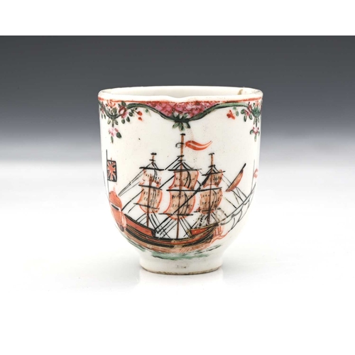 858 - A Chinese export coffee cup, circa 1780, painted with a British naval ship with Union Jack, below fa... 