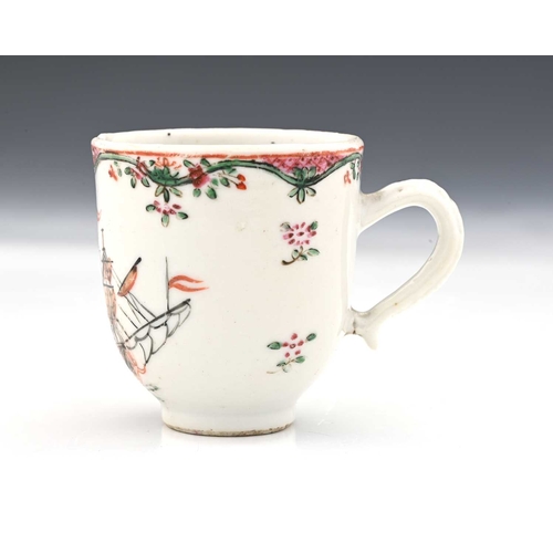 858 - A Chinese export coffee cup, circa 1780, painted with a British naval ship with Union Jack, below fa... 