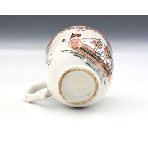 858 - A Chinese export coffee cup, circa 1780, painted with a British naval ship with Union Jack, below fa... 