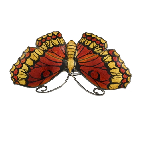 94 - A silver and enamelled butterfly brooch, J Atkins, Birmingham 1918, painted with orange and yellow e... 