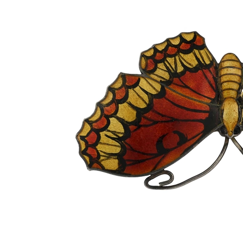 94 - A silver and enamelled butterfly brooch, J Atkins, Birmingham 1918, painted with orange and yellow e... 