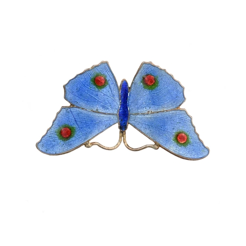 95 - A silver and enamelled butterfly brooch, J Atkins, Birmingham 1915, blue guilloche enamel wings with... 