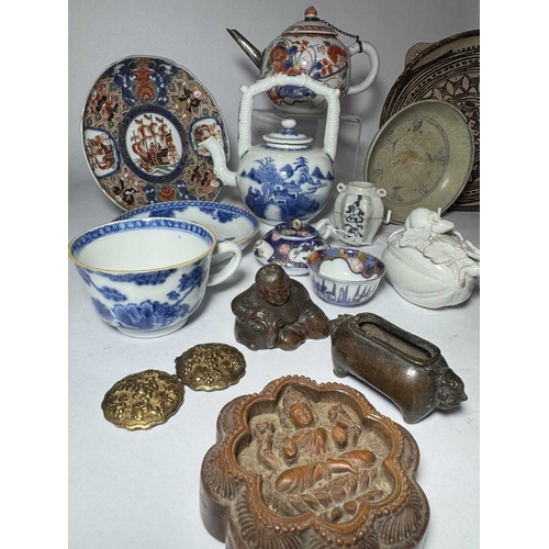 113 - A collection of Oriental ceramics and netsuke, including 18th century Kutani type teapot, Chinese bl... 