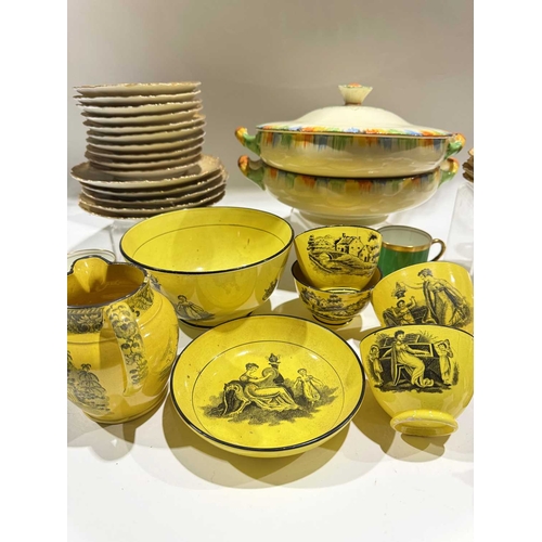 12 - A transfer printed early 19th century canary yellow slop bowl, retailed by John Howard, with similar... 