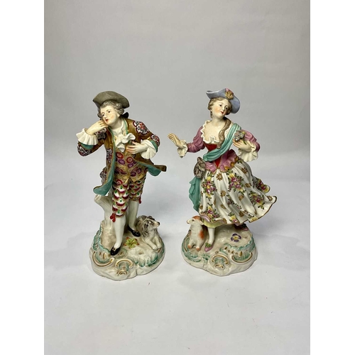 122 - A pair of Samson figurines, late 19th Century, shepherd and shepherdess, Rococo plinths, pseudo-Chel... 