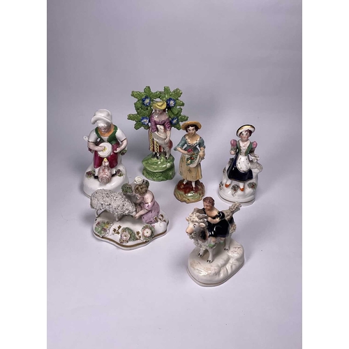 127 - An early 19th century Staffordshire bocage sheperdess figure, 14.5cm together with a five additional... 