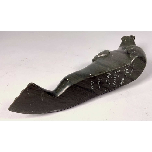 133 - Josie Ohaituk (Inuit, First Nation Canadian, b.1952), contemporary soapstone carving of a reclining ... 