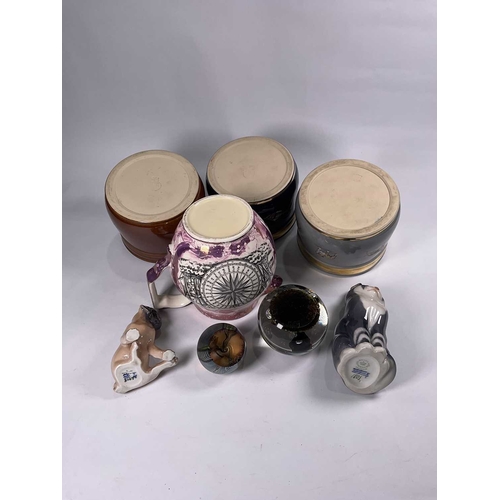 135 - Ceramics and glass including Doulton stoneware tobacco jars, one with enamelled fish, a Sunderland t... 