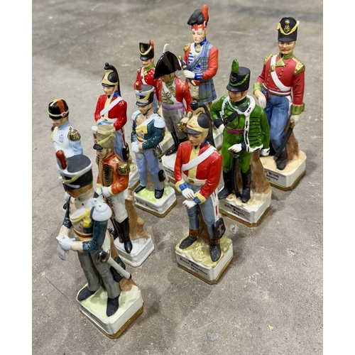 159 - Collection of ceramic figurines of historical French military personnel, some marked with a crowned ... 