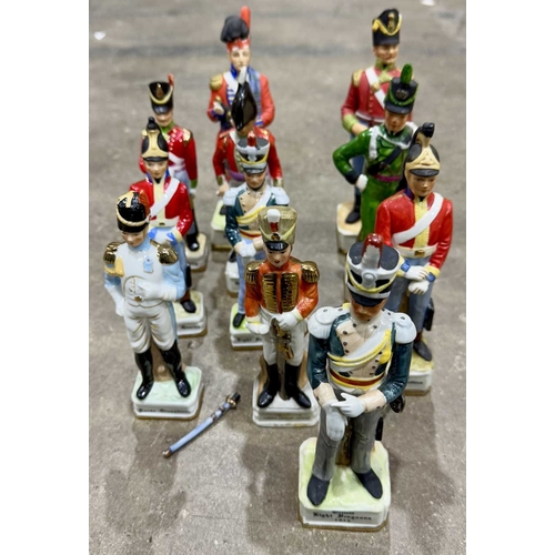 159 - Collection of ceramic figurines of historical French military personnel, some marked with a crowned ... 