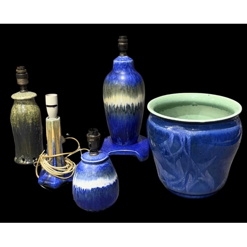 161 - Ruskin Pottery, a collection of Crystalline lamp bases and a souffle glazed jardiniere, circa 1905 a... 